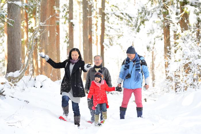 雪が積もった森林の中を歩く家族の写真
